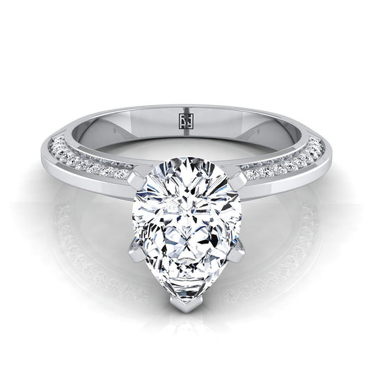 Platinum Pear Shape Center Diamond Knife Edge Micropave Engagement Ring -1/5ctw