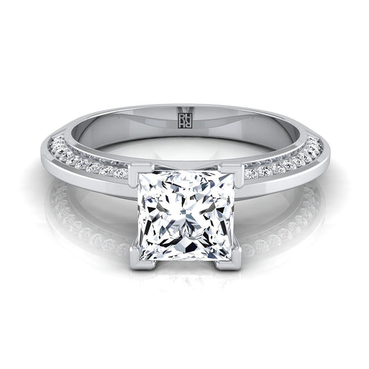 18K White Gold Princess Cut Diamond Knife Edge Micropave Engagement Ring -1/5ctw