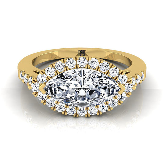 18K Yellow Gold Marquise  Diamond Horizontal Fancy East West Halo Engagement Ring -1/3ctw
