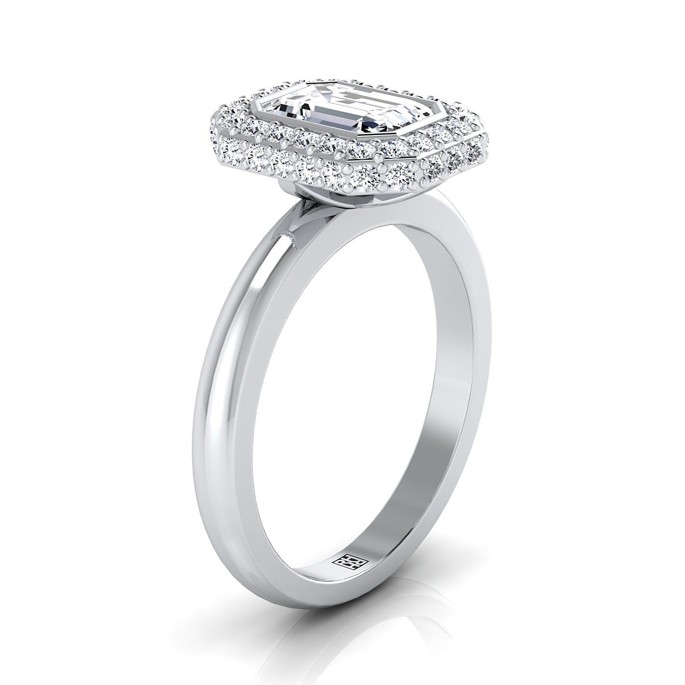 14K White Gold Emerald Cut Bezel Pave 3D Halo Solitaire Engagement Ring