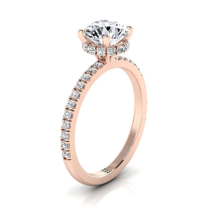 14K Rose Gold Round Brilliant Emerald Secret Diamond Halo French Pave Solitaire Engagement Ring -1/3ctw