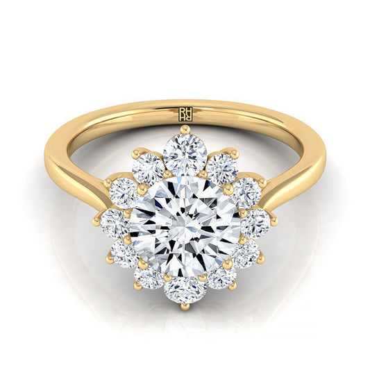 14K Yellow Gold Round Brilliant Diamond Floral Halo Engagement Ring -1/2ctw