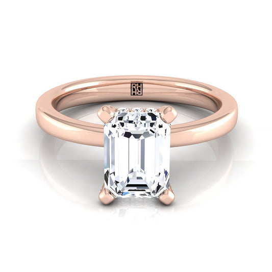 14K Rose Gold Emerald Cut Diamond Adorned Claws and Secret Halo Solitaire Engagement Ring -1/10ctw