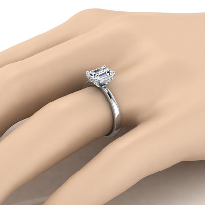 14K White Gold Emerald Cut Diamond Adorned Claws and Secret Halo Solitaire Engagement Ring -1/10ctw