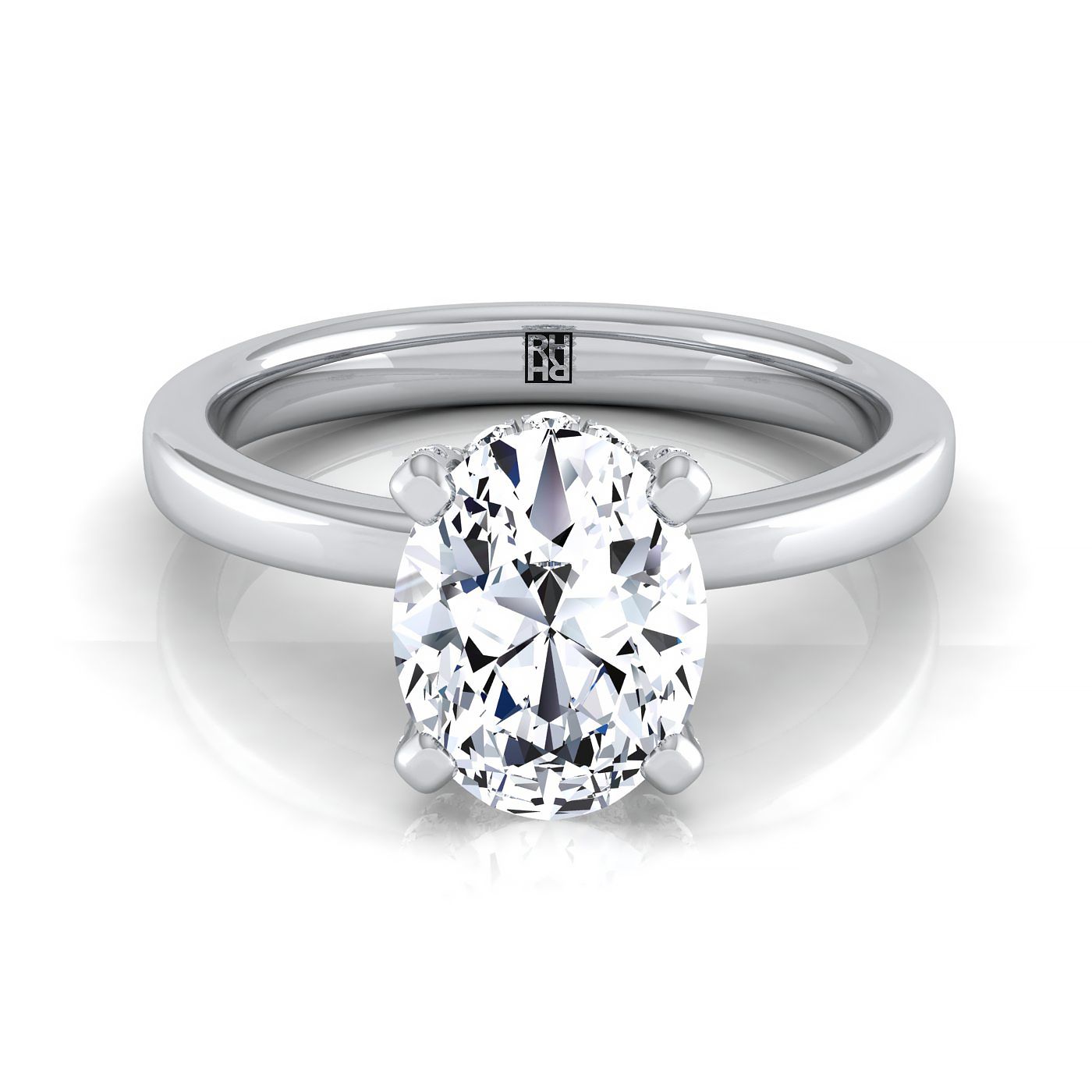 14K White Gold Oval Diamond Adorned Claws and Secret Halo Solitaire Engagement Ring -1/10ctw