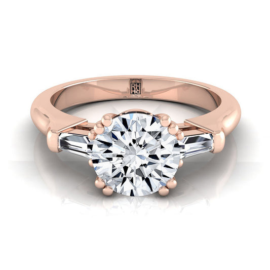 14K Rose Gold Round Brilliant Diamond Tapered Baguette Engagement Ring -1/4ctw