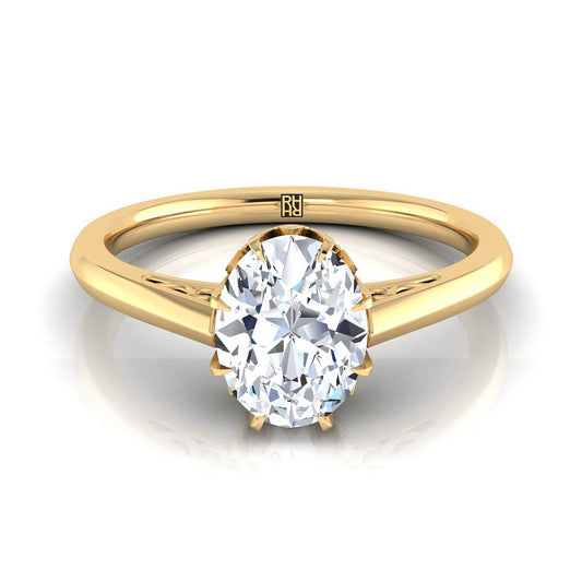 14K Yellow Gold Oval Antique Scroll Detail Solitaire Engagement Ring