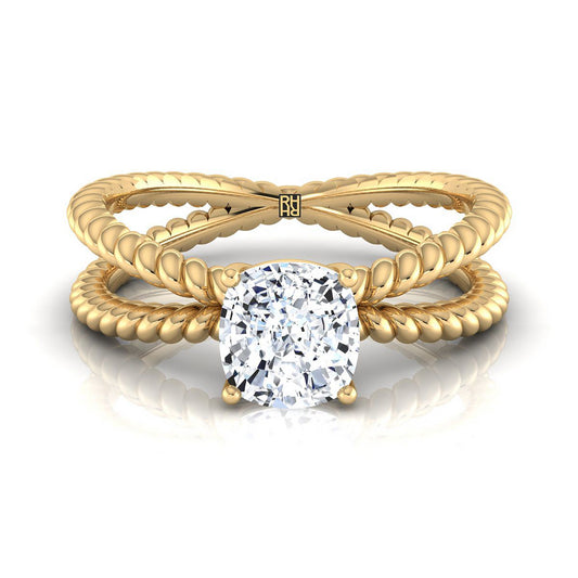 14K Yellow Gold Cushion Criss Cross Twisted Rope Solitaire Engagement Ring