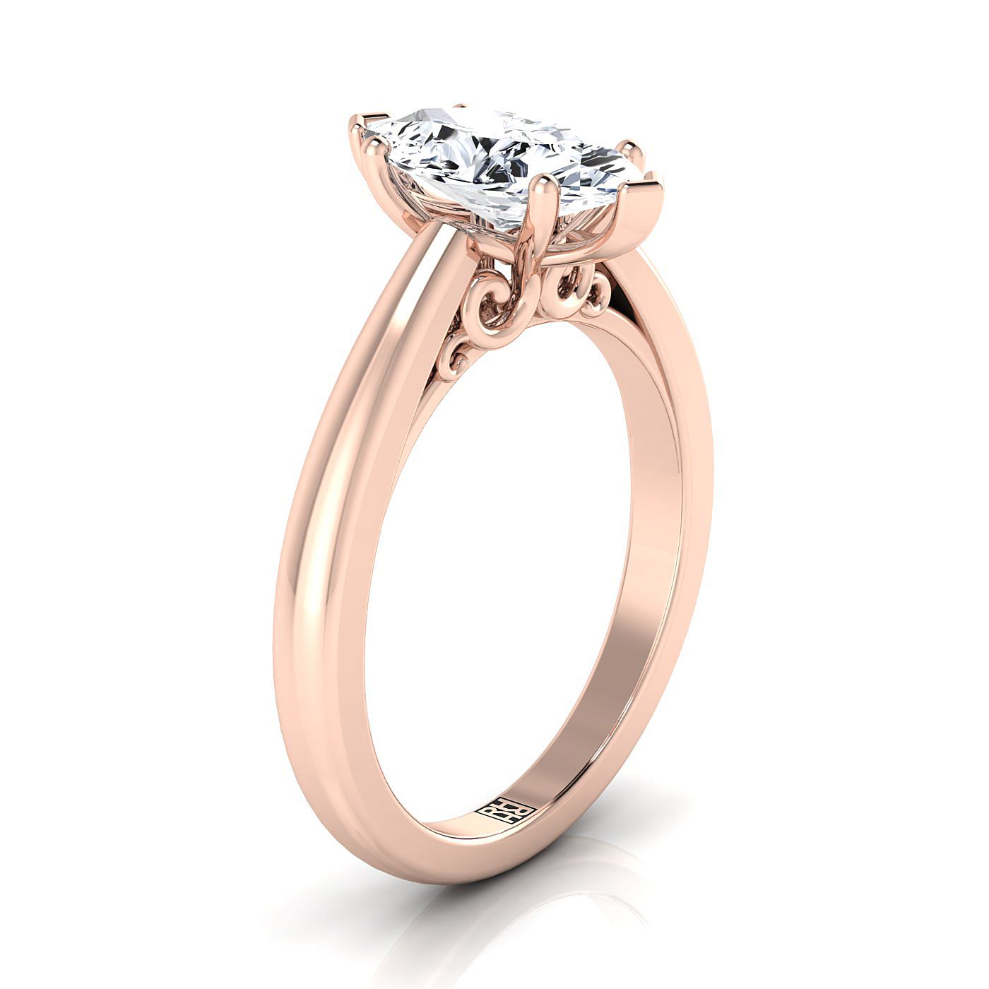 14K Rose Gold Marquise  Scroll Gallery Comfort Fit Solitaire Engagement Ring