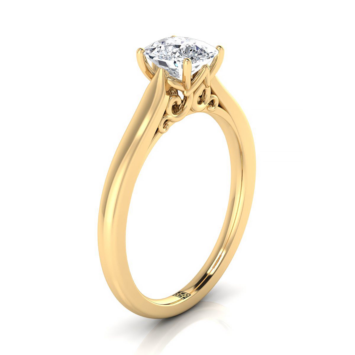 14K Yellow Gold Cushion Scroll Gallery Comfort Fit Solitaire Engagement Ring
