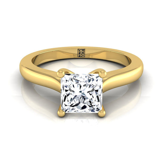 14K Yellow Gold Princess Cut Comfort Fit Cathedral Solitaire Diamond Engagement Ring