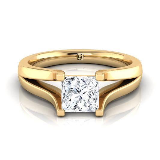 14K Yellow Gold Princess Cut Modern Split Shank Solitaire Engagement Ring