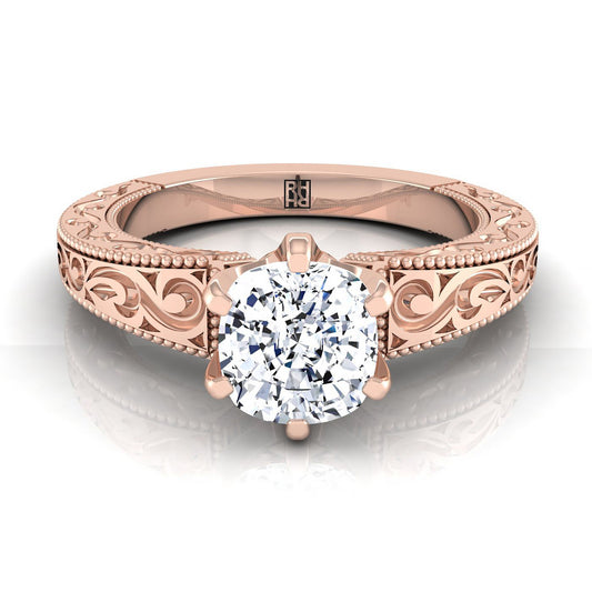 14K Rose Gold Cushion Hand Engraved Scroll Vintage Solitaire Engagement Ring