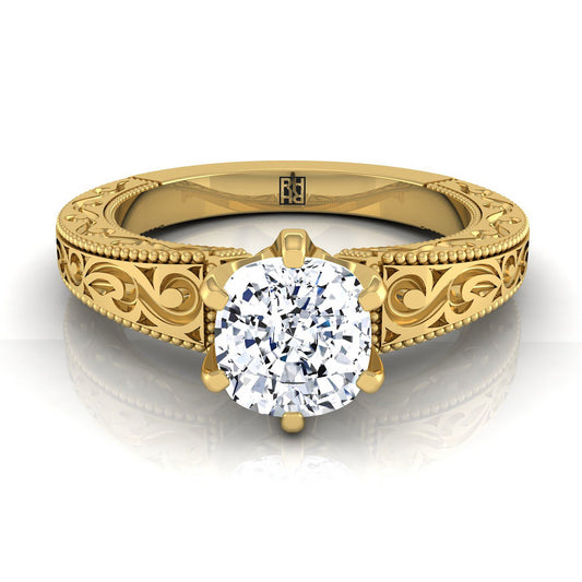 14K Yellow Gold Cushion Hand Engraved Scroll Vintage Solitaire Engagement Ring