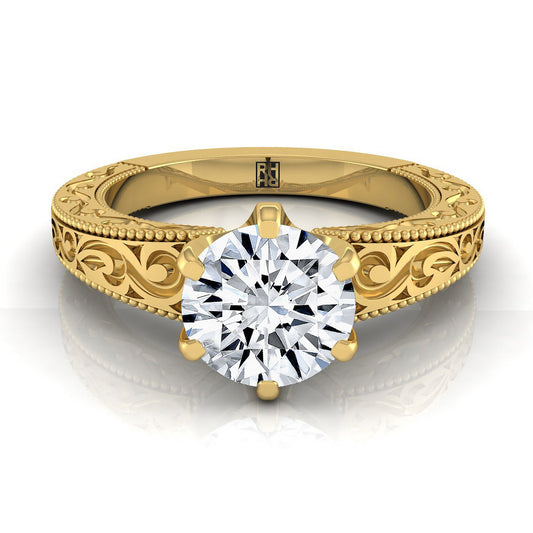 14K Yellow Gold Round Brilliant Hand Engraved Scroll Vintage Solitaire Engagement Ring