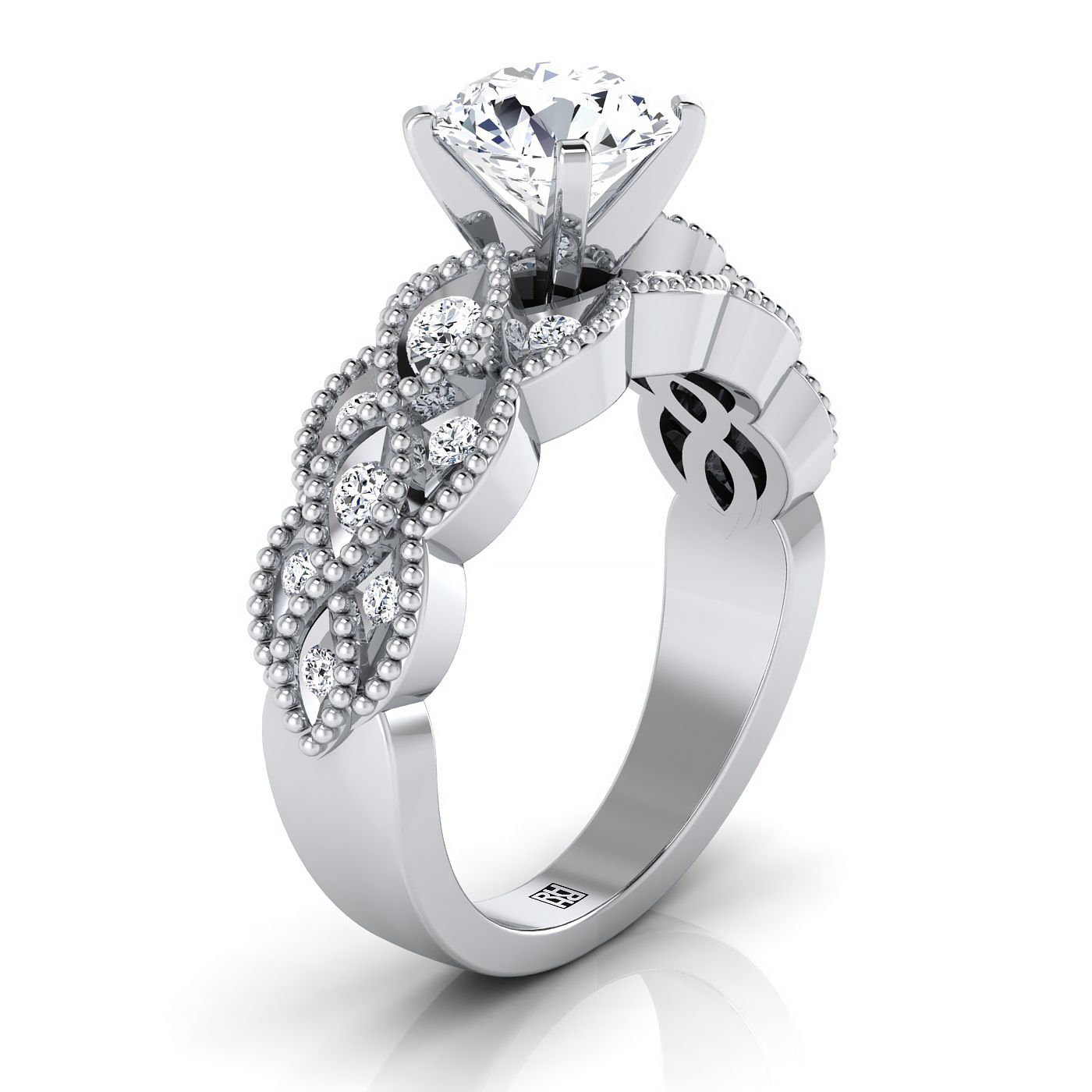 14K White Gold Round Brilliant Diamond Open Beaded Scalloped Twist Antique Diamond Engagement Ring -1/3ctw