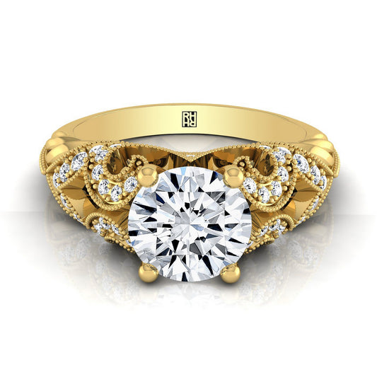 14K Yellow Gold Round Brilliant Beautiful Open Scroll and Antique Bead Diamond Engagement Ring -1/3ctw
