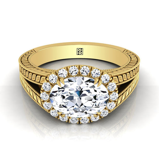 14K Yellow Gold Oval Vintage Inspired Wheat Split Shank Diamond Halo Engagement Ring