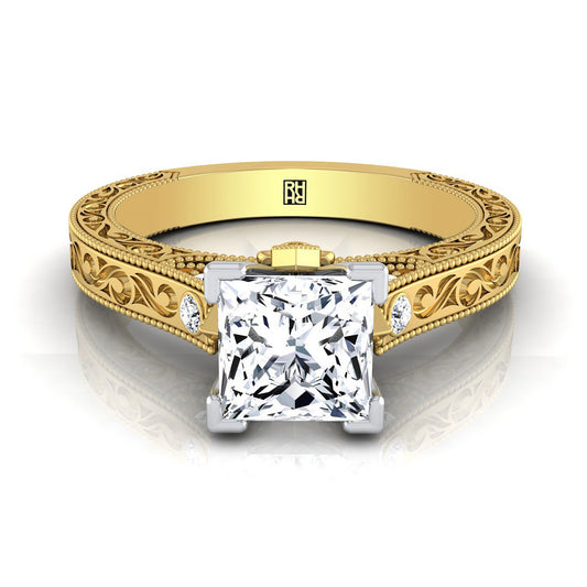14K Yellow Gold Princess Cut Delicate Diamond Accented Antique Hand Engraved Engagement Ring -1/10ctw