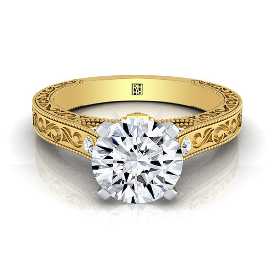 14K Yellow Gold Round Brilliant Delicate Diamond Accented Antique Hand Engraved Engagement Ring -1/10ctw