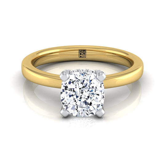 18K Yellow Gold Cushion Diamond Hidden Pave Basket Crown Solitaire Engagement Ring -1/10ctw
