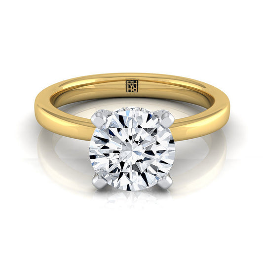 14K Yellow Gold Round Brilliant Diamond Hidden Pave Basket Crown Solitaire Engagement Ring -1/10ctw