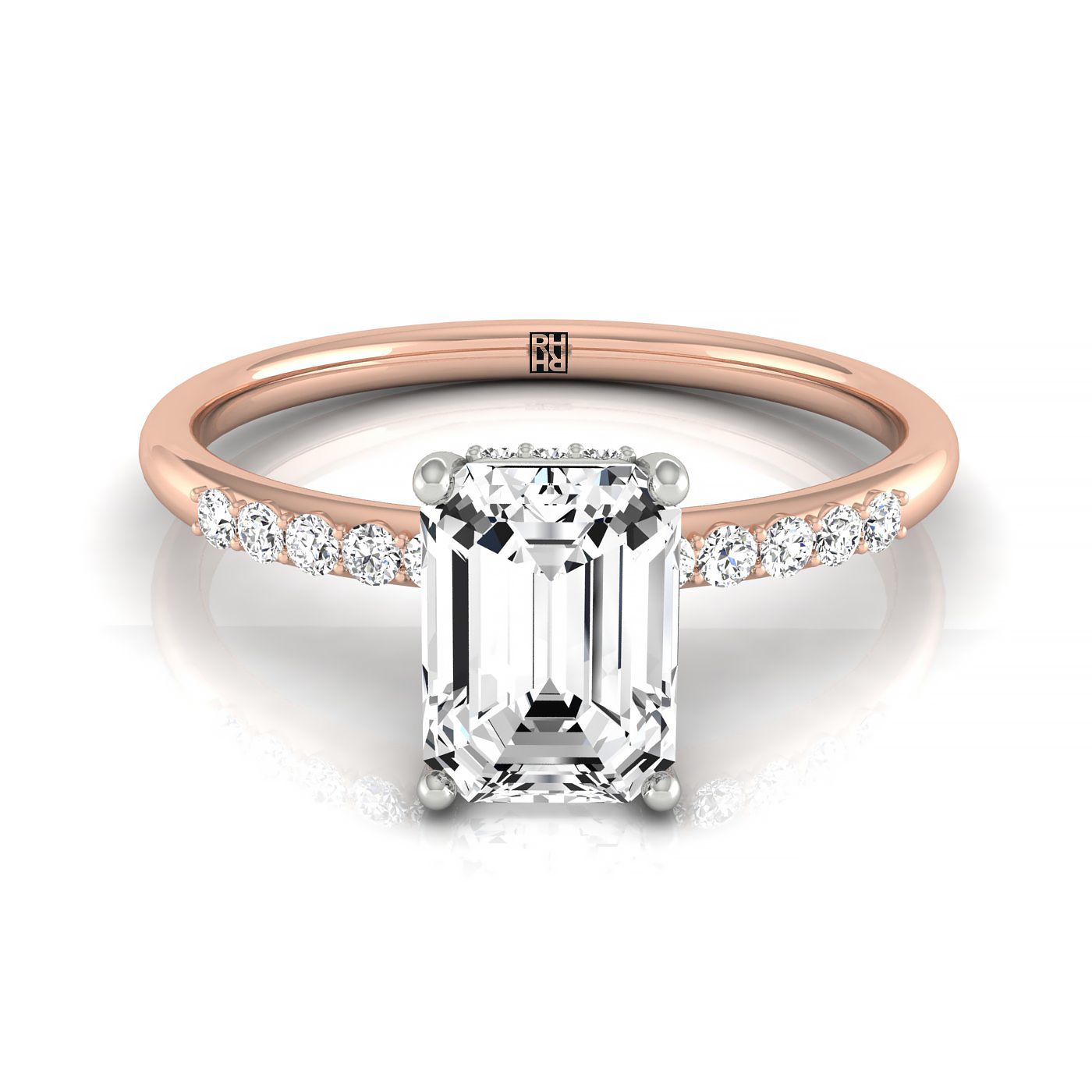 14k Rose Gold Emerald Double Hidden Halo Quarter Shank Engagement Ring - 1/25ctw