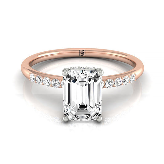 14k Rose Gold Emerald Double Hidden Halo Quarter Shank Engagement Ring - 1/25ctw
