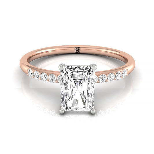 14kr Radiant Hidden Halo Quarter Shank Engagement Ring With 18 Prong Set Round Diamonds