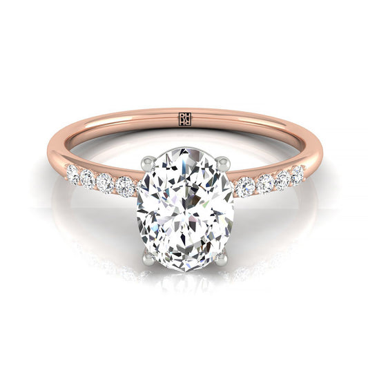 14kr Oval Hidden Halo Quarter Shank Engagement Ring With 18 Prong Set Round Diamonds