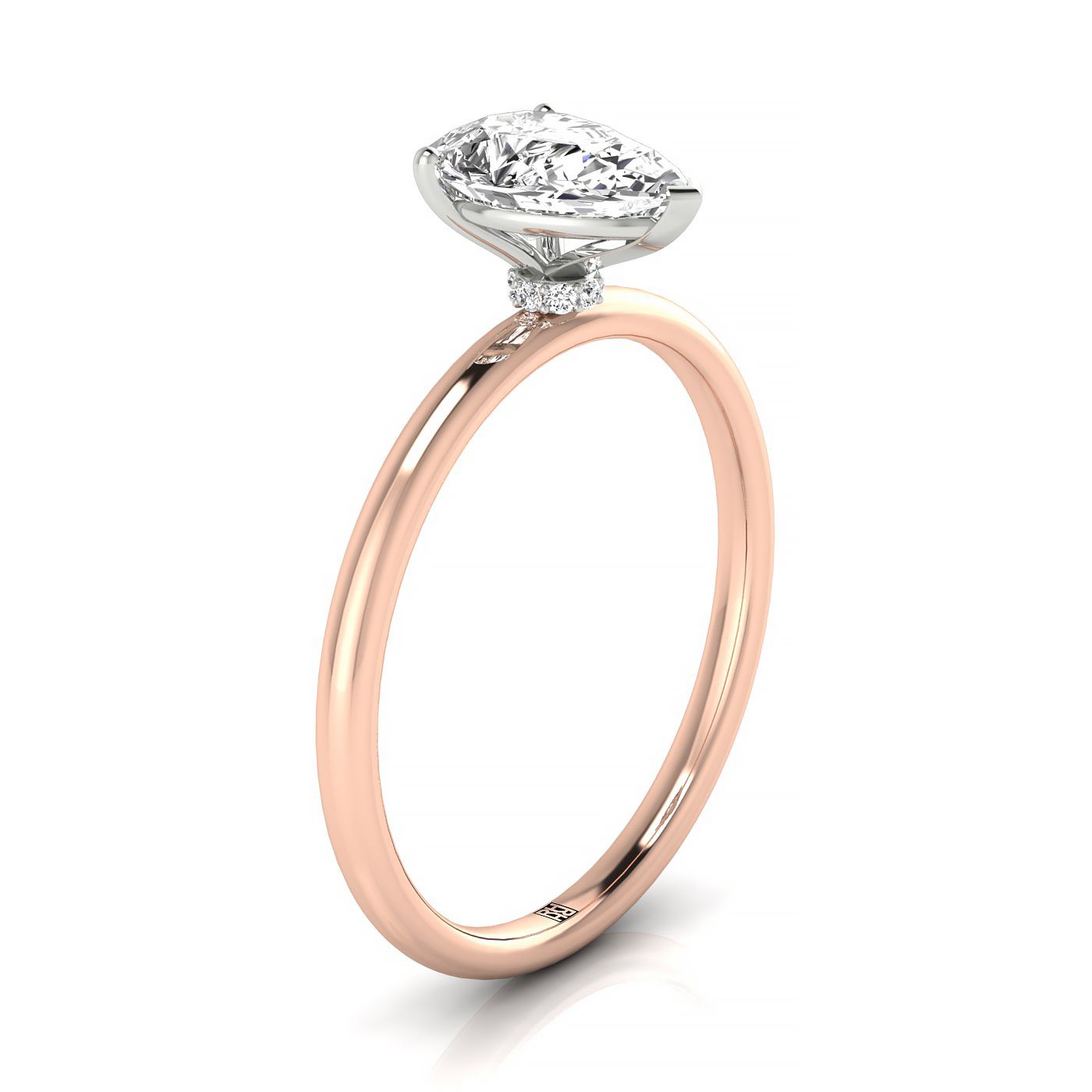 14kr Pear Solitaire Engagement Ring With Hidden Halo With 8 Prong Set Round Diamonds