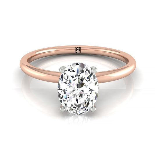 14kr Oval Solitaire Engagement Ring With Upper Hidden Halo With 16 Prong Set Round Diamonds