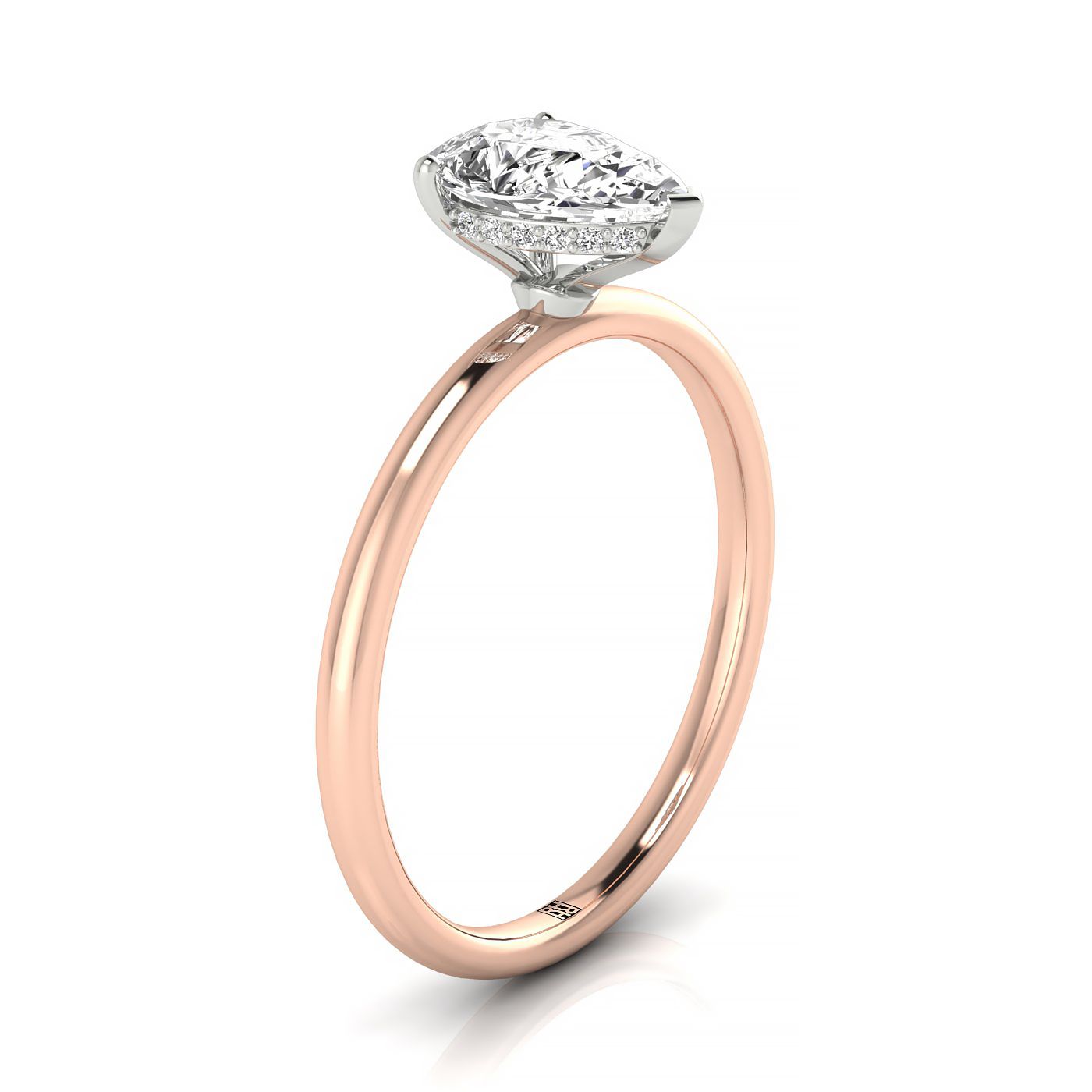 14kr Pear Solitaire Engagement Ring With Upper Hidden Halo With 16 Prong Set Round Diamonds