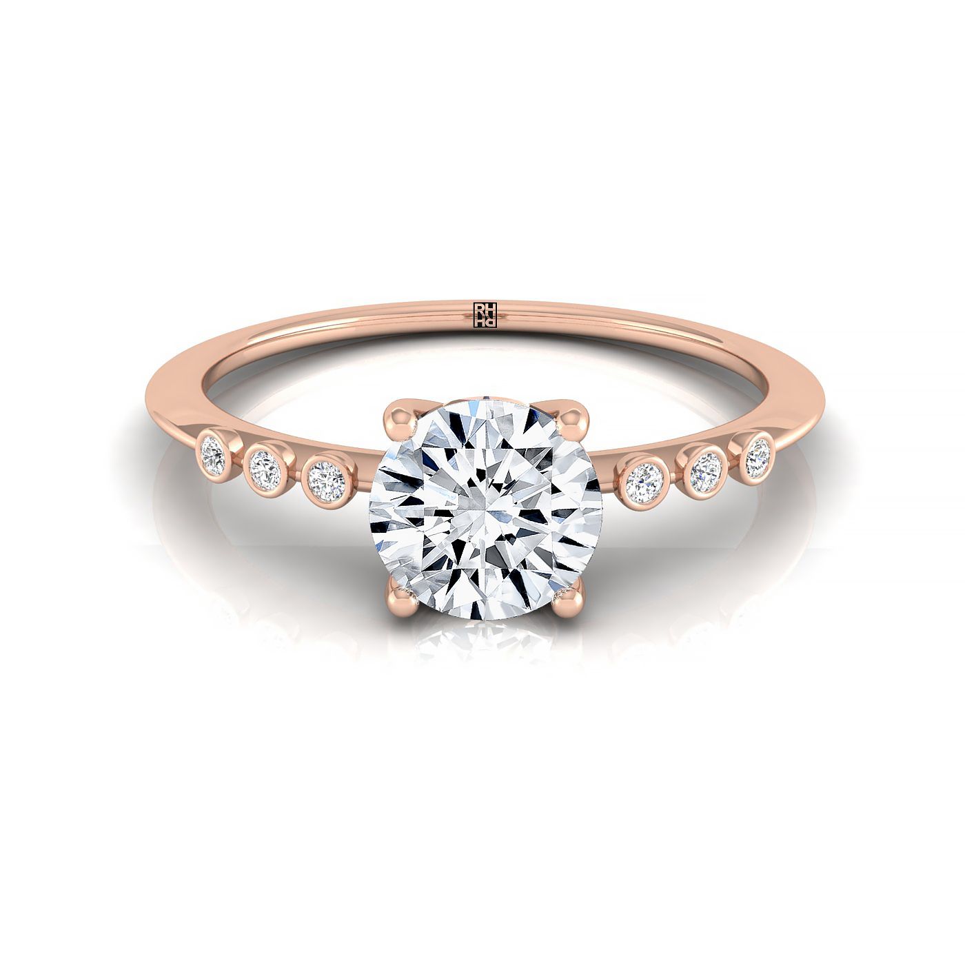 14kr Round Engagement Ring With 6 Bezel Set Round Diamonds On Shank