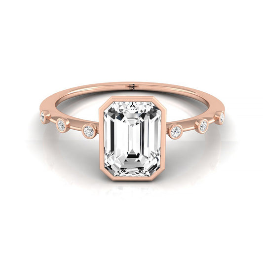 14kr Bezel Set Emerald Engagement Ring With 6 Bezel Set Round Diamonds On Shank