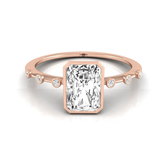 14kr Bezel Set Radiant Engagement Ring With 6 Bezel Set Round Diamonds On Shank