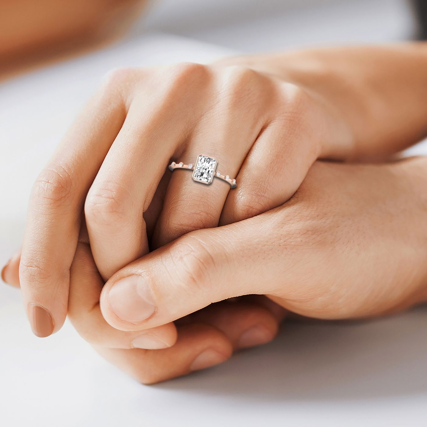 14kr Bezel Set Radiant Engagement Ring With 6 Bezel Set Round Diamonds On Shank