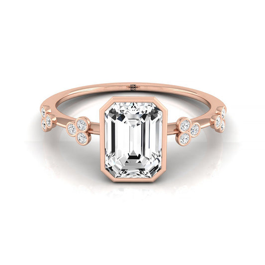 14kr Bezel Set Emerald Engagement Ring With 12 Clover Bezel Set Round Diamonds On Shank