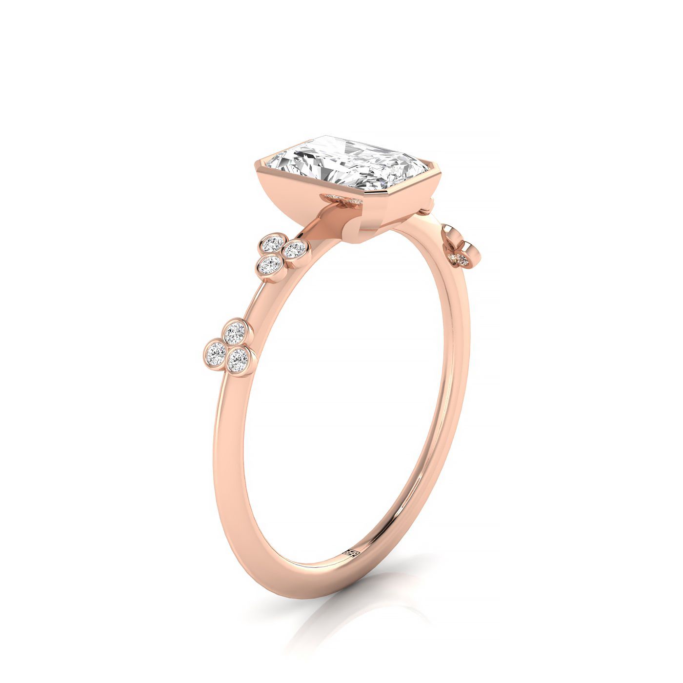 14kr Bezel Set Radiant Engagement Ring With 12 Clover Bezel Set Round Diamonds On Shank