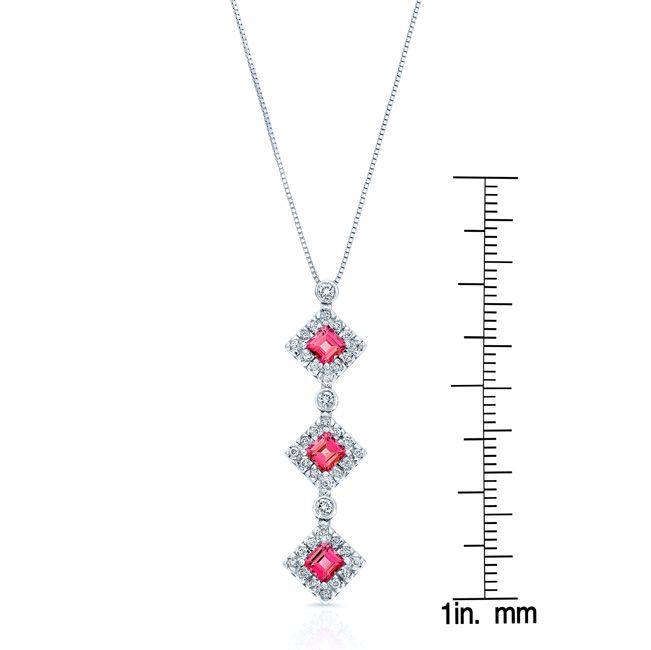 Pink Tourmaline And Diamond Triple Square Halo Drop Pendant In 14k White Gold (17-in Box Chain)