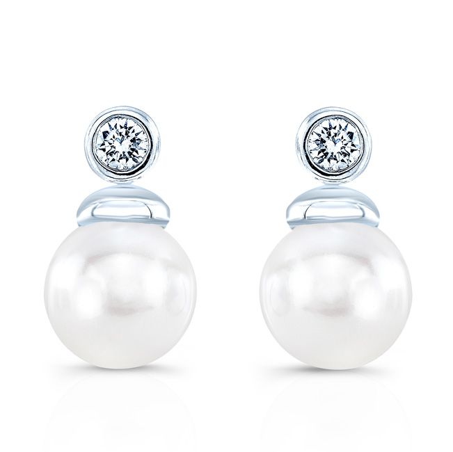 Pearl And Diamond Button Drop Earrings In 14k White Gold