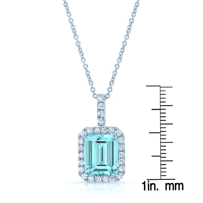 Aquamarine And Diamond Emerald-cut Halo Pendant In 14k White Gold (10x8mm Center)