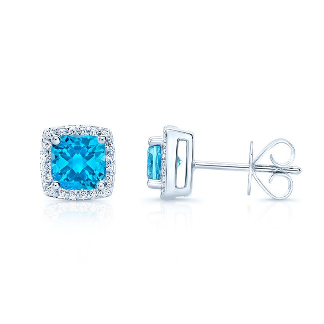 Blue Topaz And Diamond Square Halo Earrings In 14k White Gold