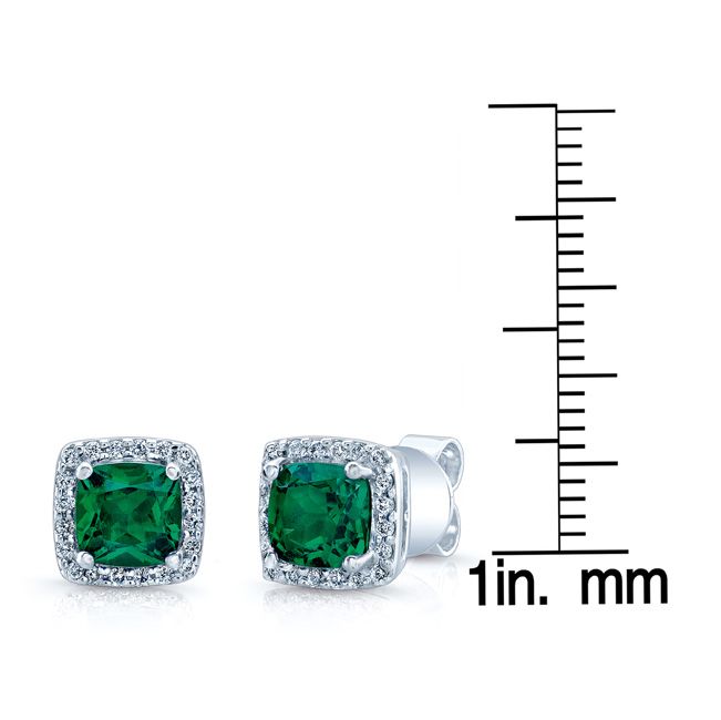 Created Emerald And Diamond Square Halo Earrings In 14k White Gold