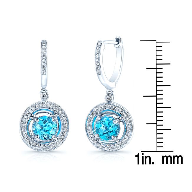 Blue Topaz And Diamond Swirl Dangling Earrings In 14k White Gold (6mm)