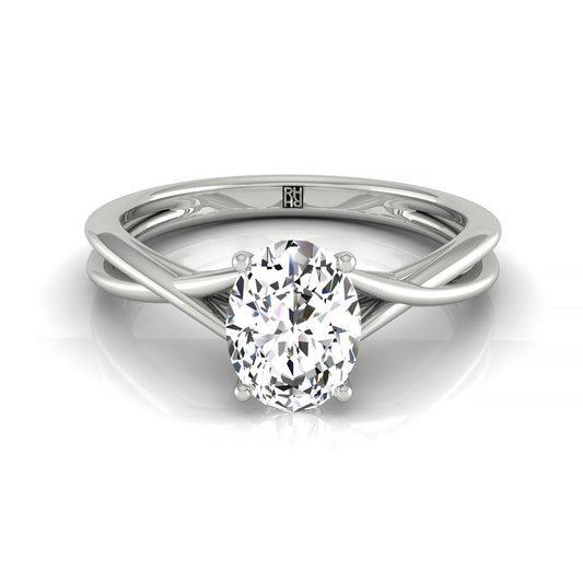 18kw Oval Twisted Shank Hidden Halo Solitaire Engagement Ring With 14 Prong Set Round Diamonds Sz 7.5