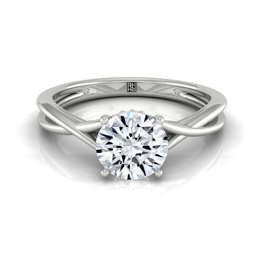 14kw Round Twisted Shank Hidden Halo Solitaire Engagement Ring With 16 Prong Set Round Diamonds