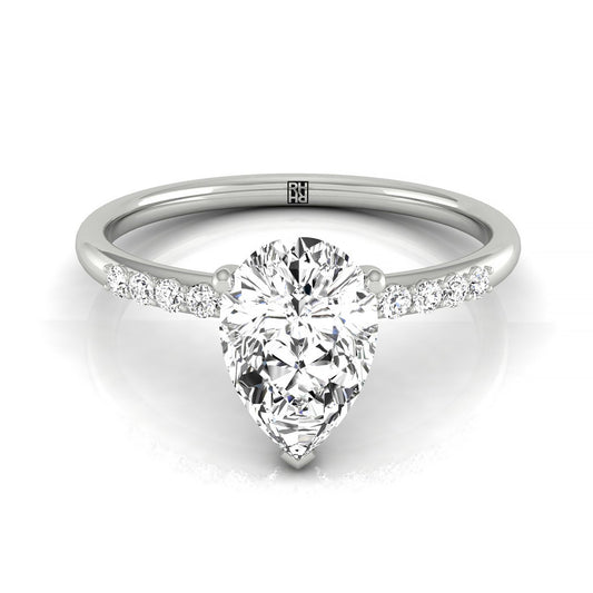 18kw Pear Hidden Halo Quarter Shank Engagement Ring With 18 Prong Set Round Diamonds