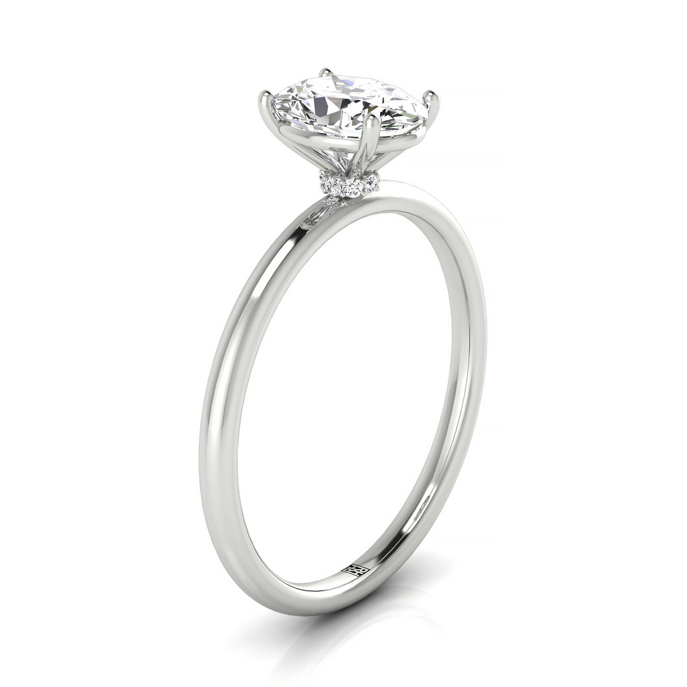 Plat Oval Solitaire Engagement Ring With Hidden Halo With 4 Prong Set Round Diamonds
