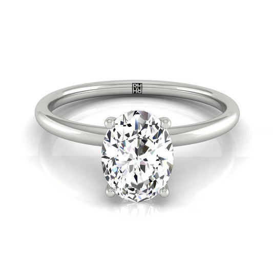 Plat Oval Solitaire Engagement Ring With Upper Hidden Halo With 16 Prong Set Round Diamonds